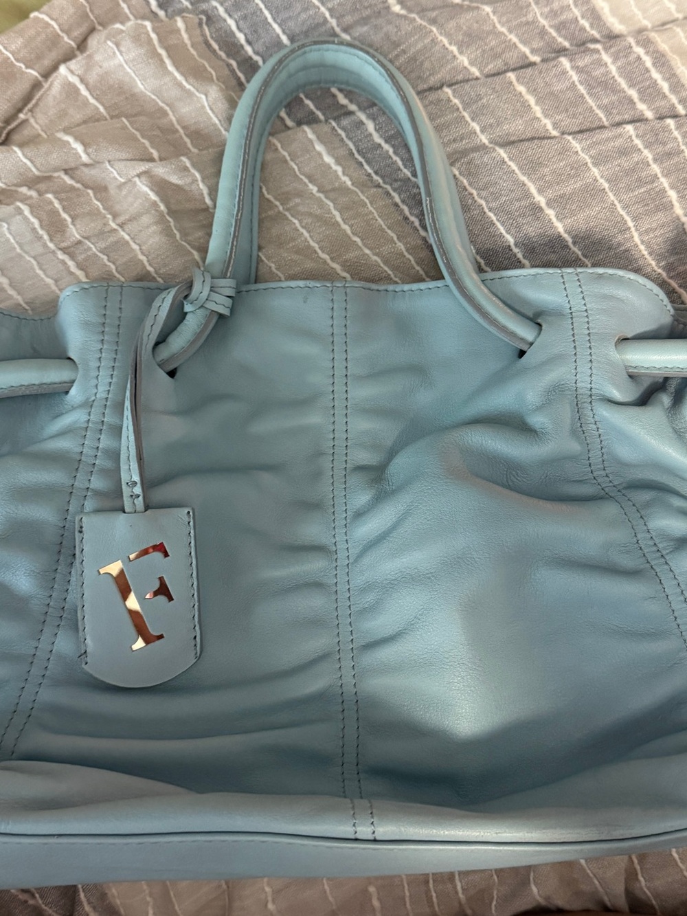 Furla Light Blue Leather Tote Bag with Initial Charm